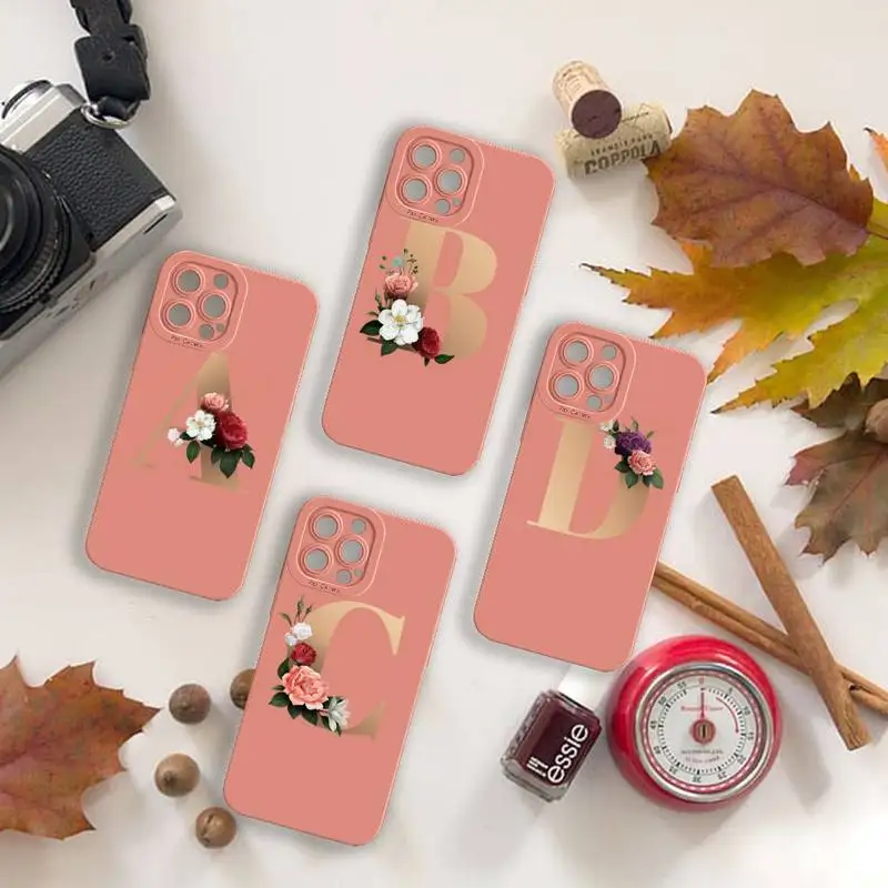 

26 English alphabet Flowers Text Phone Case For iPhone 13 12 11 Pro MAX Mini X XS XR 7 8 Plus Camera Lens Liquid Silicone
