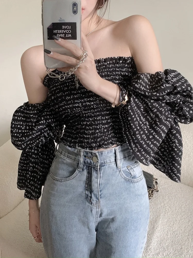 

Summer New Fashion Elegant Women Clothing Sexy One Word Neck Strapless Wrap Chest Printed Top Sweet Slim Puff Sleeve Blouse 2022