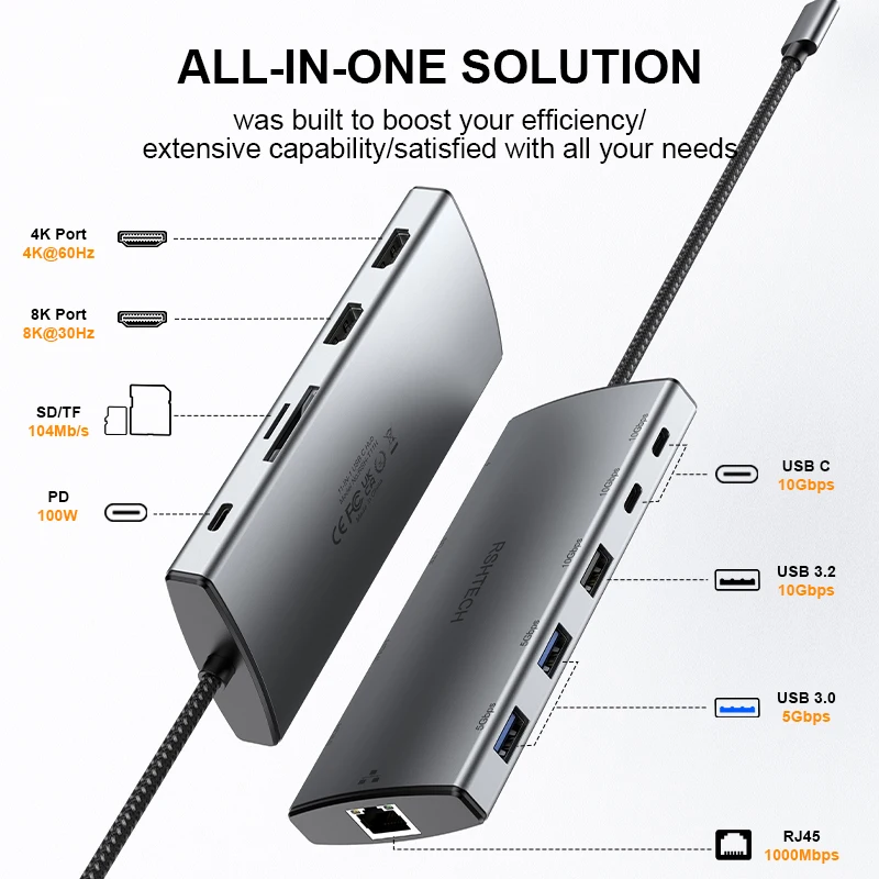 Фото Док-станция-концентратор RSHTECH 11-IN-1 USB C с 8K 4K HDMI-совместимым устройством чтения карт USB 3.2 и 3.0 PD100W SD/TF RJ45 для MacBook №2