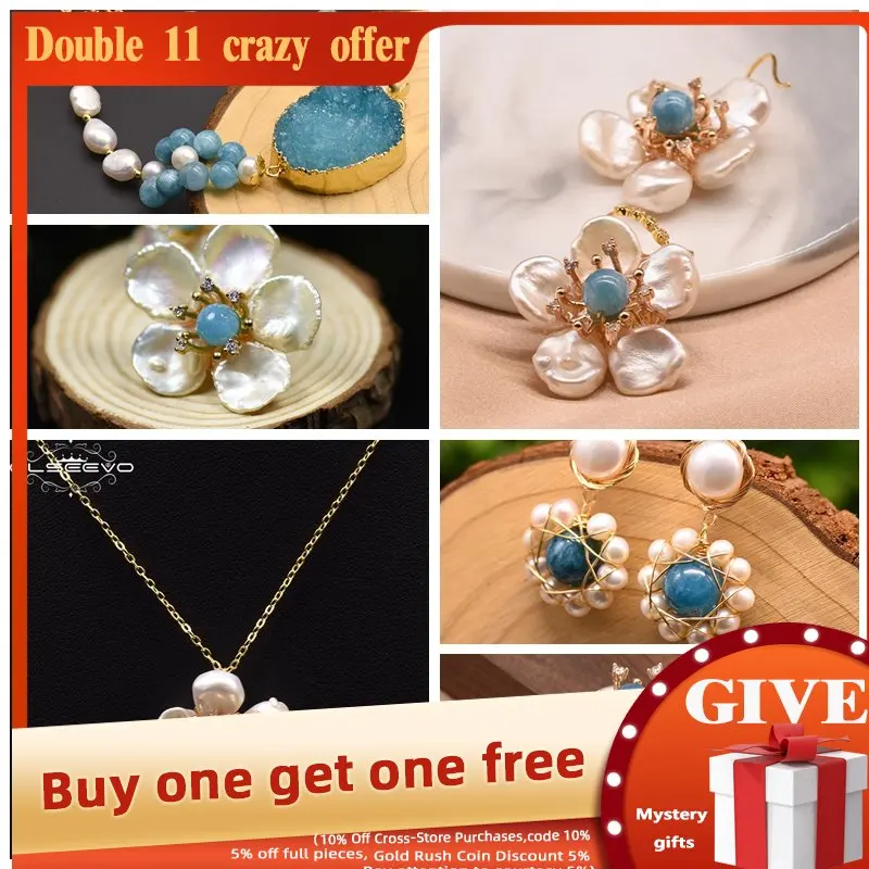 

XlentAg Sea Blue Flowers Natural Freshwater Pearls Earrings Ring Necklace Bracelet 2022 Korean New Design Luxury Fine jewelry