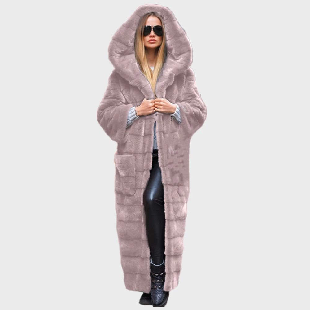 Women 5XL Winter Parka Coat Casual Long Sleeve Faux Fur Coat With Hooded Furry Thick Warm Long Faux Rabbit Fur Jacket Overcoat