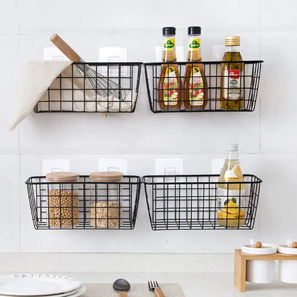 

Wrought Iron Kitchen Seasoning Storage Basket Wall-Mounted Storage Basket Bathroom Rectangular Storage Box Wall Hanging Shelf
