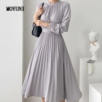 casual new womens spring dresses high waist korean office lady elegant lace up pleated stand up collar high waist long dress