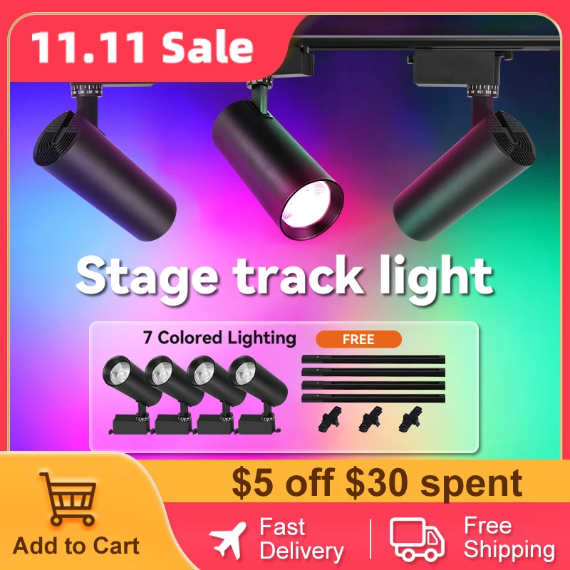 Купить Трековый светильник RGB цветной точечный светодиодный потолочный сценический светильник направляющая лампа 220 В 20 Вт атмосфервечерние для б...
