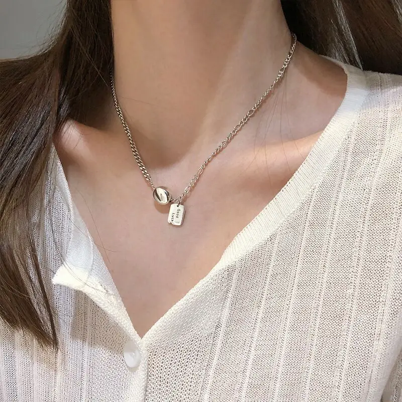 

925 Silver Square Good Lucky Necklace Female Fashion Retro Simple Clavicle Chain Necklace For Women Trendy Accessories