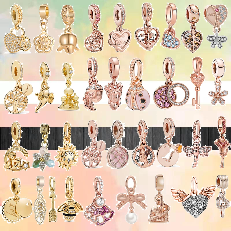 Newest Gold Color Rose Gold Color Flower Pendants Beads Fit Original Pandora Charms Silver Color Bracelet DIY Women Jewelry