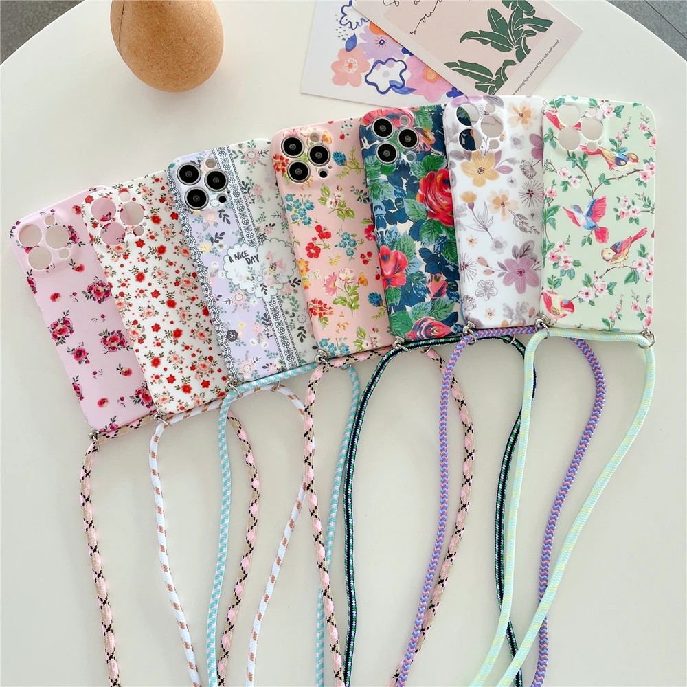 

Crossbody Necklace Cord Lanyards Phone Case For iphone 14 12 13 Pro Max Painted Flowers Case Strap Cord Chain Cover Funda