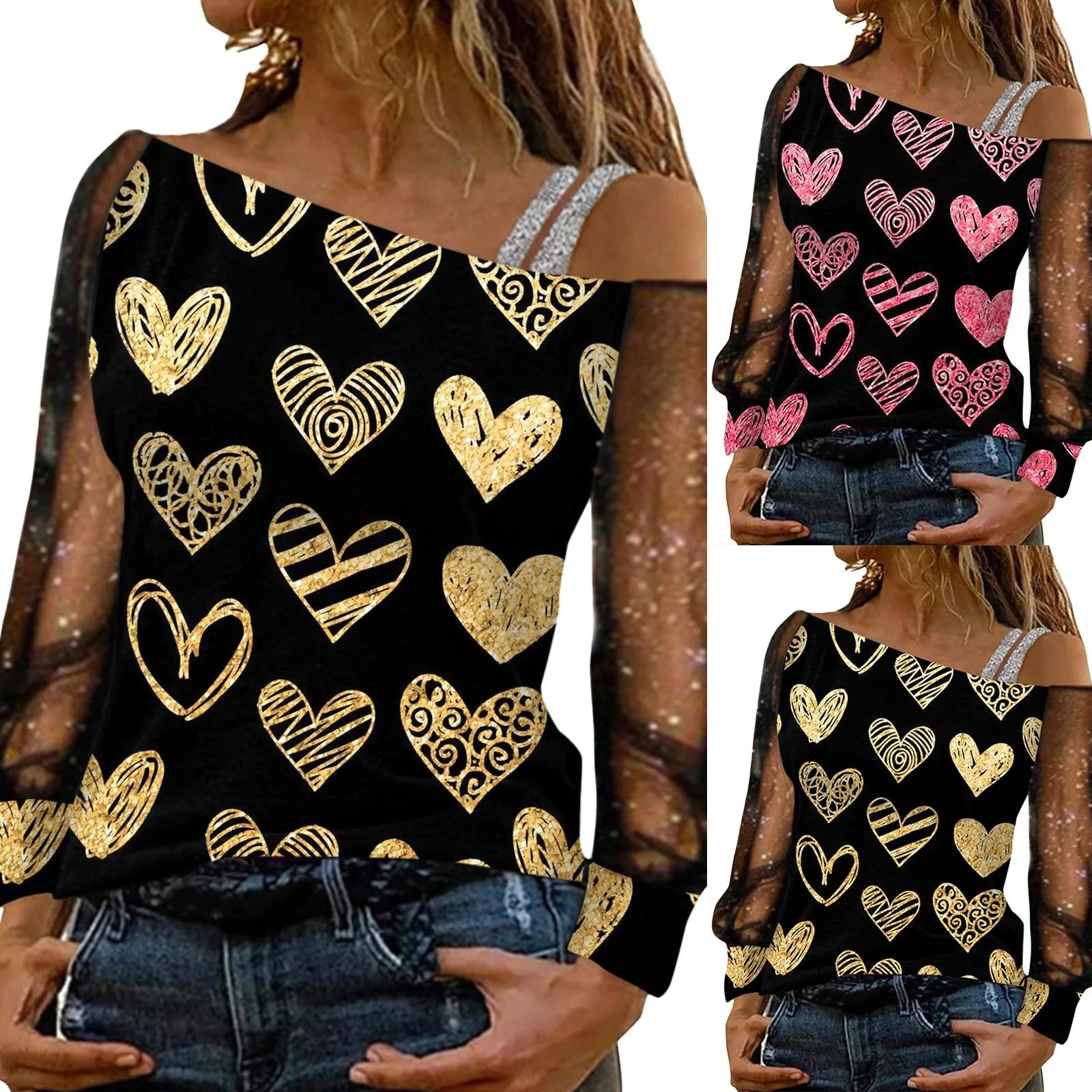 

Women Fashion Casual Sequin Print Off Shoulder Mesh Long Sleeve Splicing Top Tops below 300 Leopard Print Long Sleeve Shirt