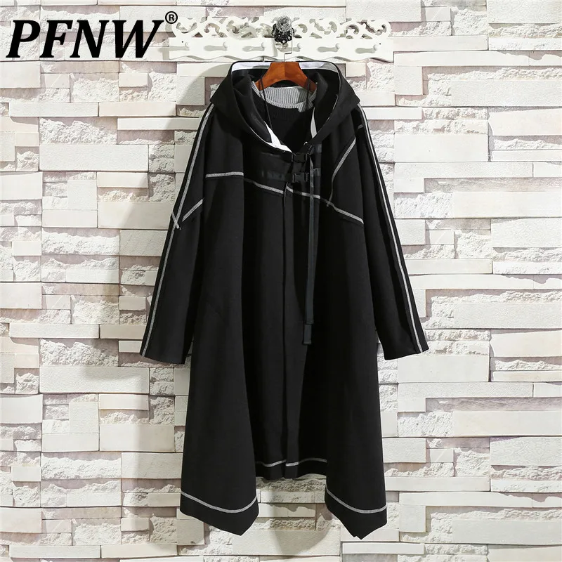 

PFNW Spring Autumn Men's Fashion Hooded Chalaza Design Windbreaker Personality Asymmetric Darkwear Contrast Trench Coat 12A7807