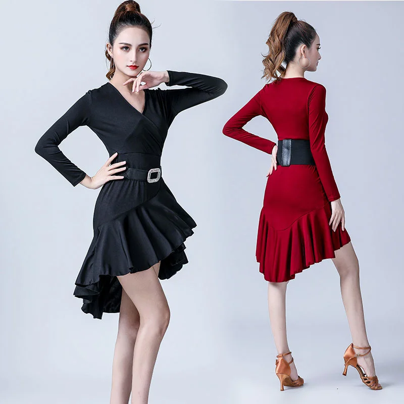 

Женское платье для латиноамериканских танцев, Красное/черное платье с коротким рукавом, тренировочная одежда для выступлений, костюмы для бальных танцев, лето 2022