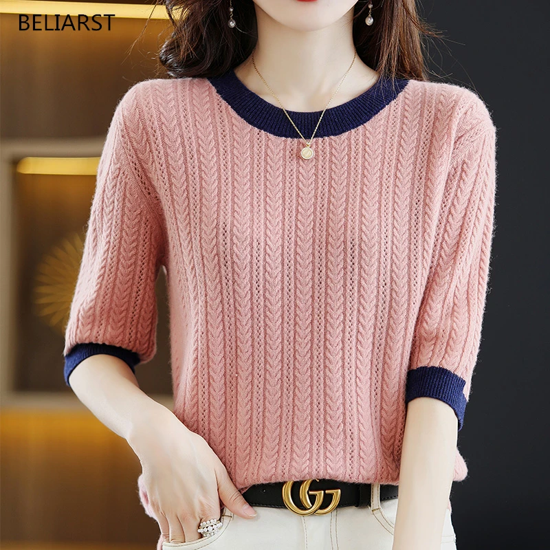

BELIARST 100%Pure Wool T-Shirt Ladies Crew Neck Colorblock Pullover Casual Knitted Skirt Top Spring/Autumn Women's Short Sleeves