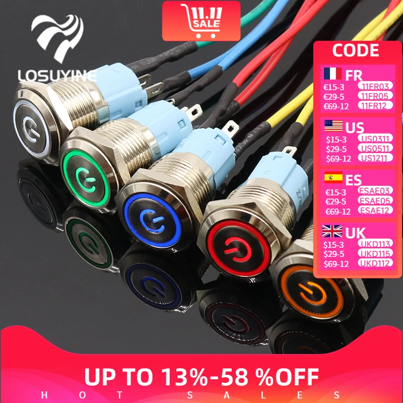 

LOSUYINE Самоблокирующийся светодиодный переключатель 16 мм 5В 12В 220В