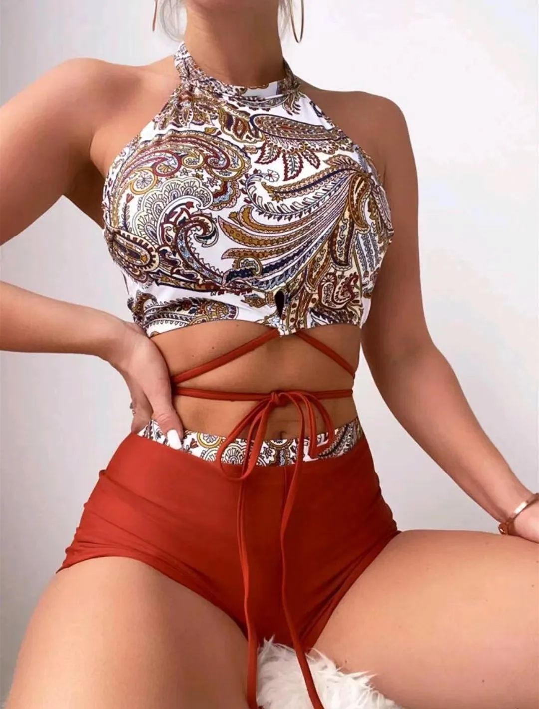 

High Neck Shorts Swimsuit Women 2023 High Waist Bikini Set Swimwear Female Two Piece Bathing Suit Swimming Beachwear Summer