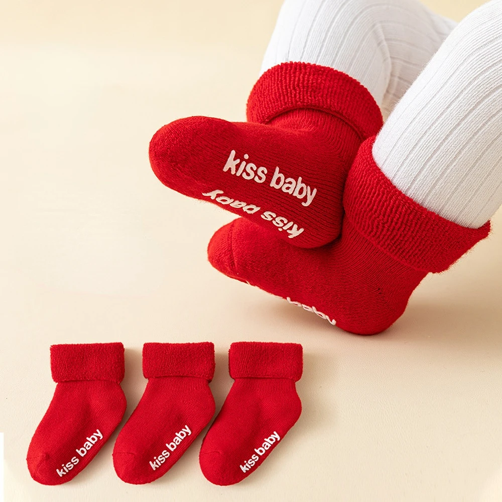 

Красные детские зимние Утепленные теплые Нескользящие махровые носки для новорожденных на первый год нового года