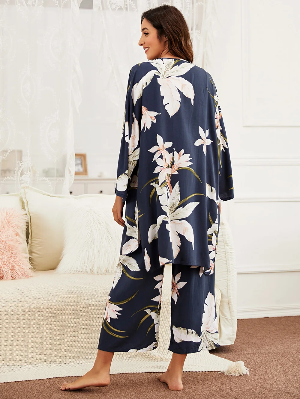 Spring Fall New Ladies Pajamas Set 3pcs Cartoon Banana Leaves Printed Women Comfort Loose Homewear Femme Sleepwear Jumpsuit