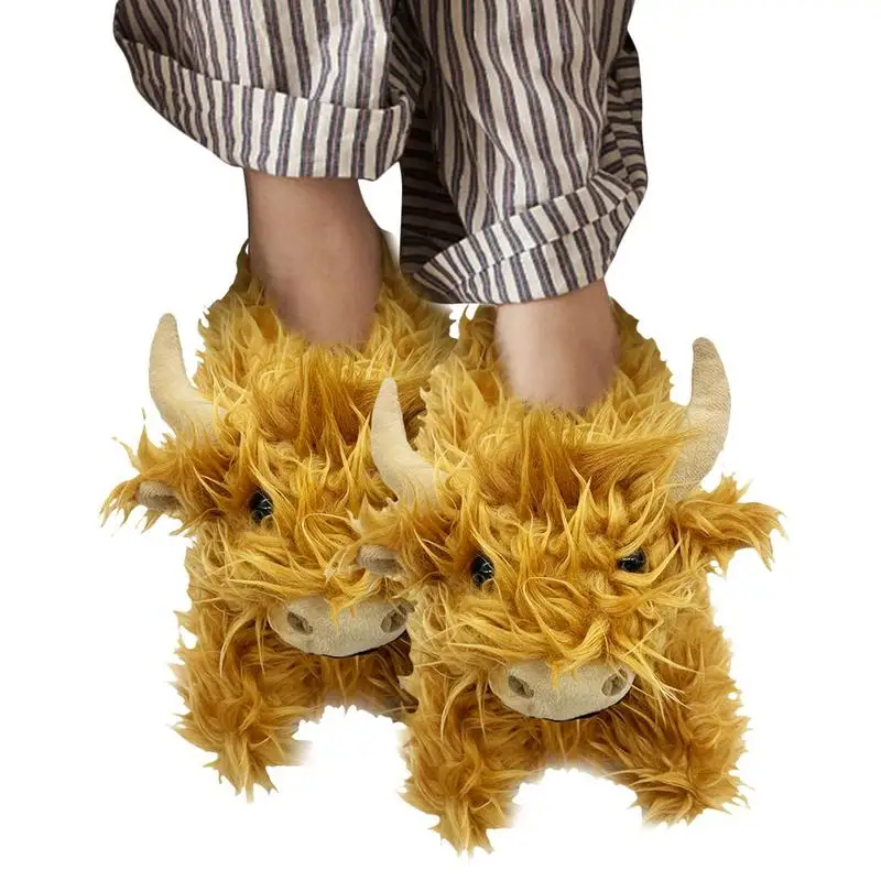 

Warm Animal Slippers Anti-Slip Plush Scottish Cow Slippers Brown For Adult Cute Cattle Slippers Plush Warm Slippers Winter Warm