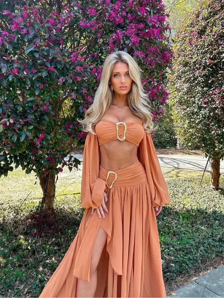 Пикантный женский плиссированный комплект с юбкой миди разрезом топы длинным