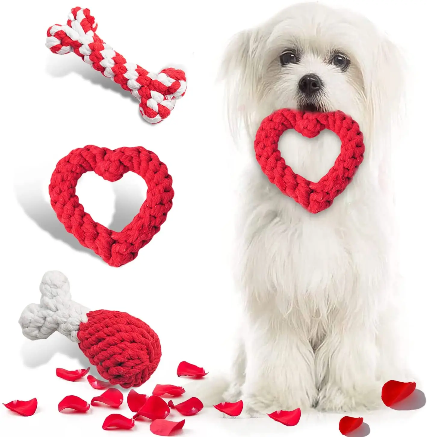 

Valentine's Day Dog Toy Bones Heart-Shaped Drumstick Rope Puppy Chew Toys Durable Chewing Pet Chewing Toys Supplies Pet Toys
