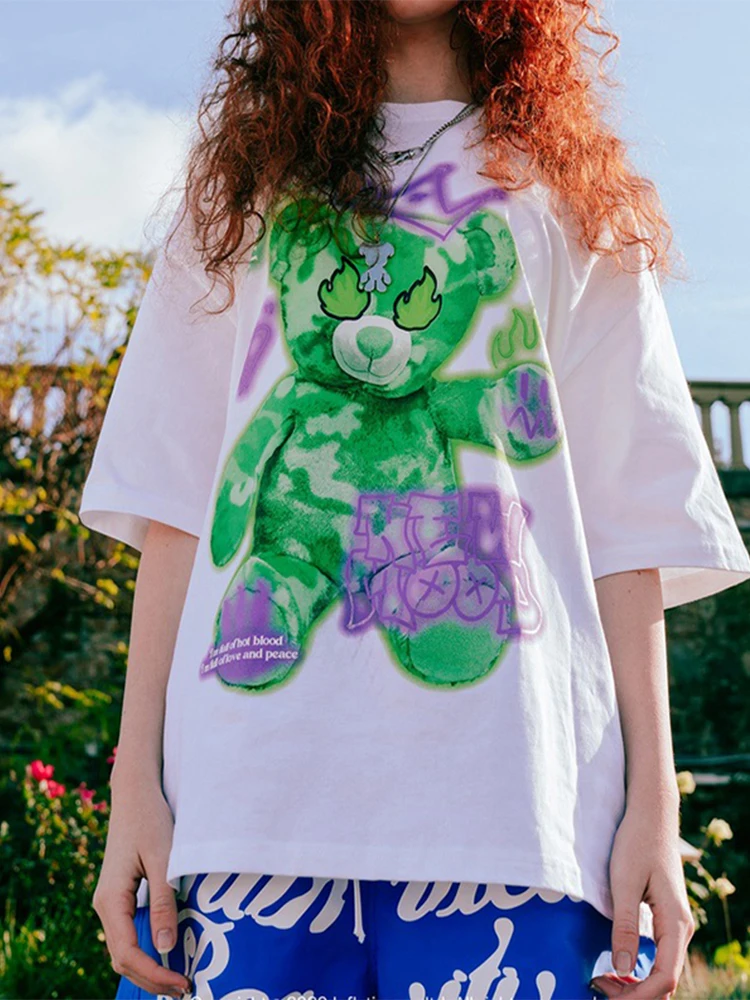 

2022 Spring Summer 100% Cotton Top Women New Design Little bear printed Black White High Quality Fashion Loose T-shirt