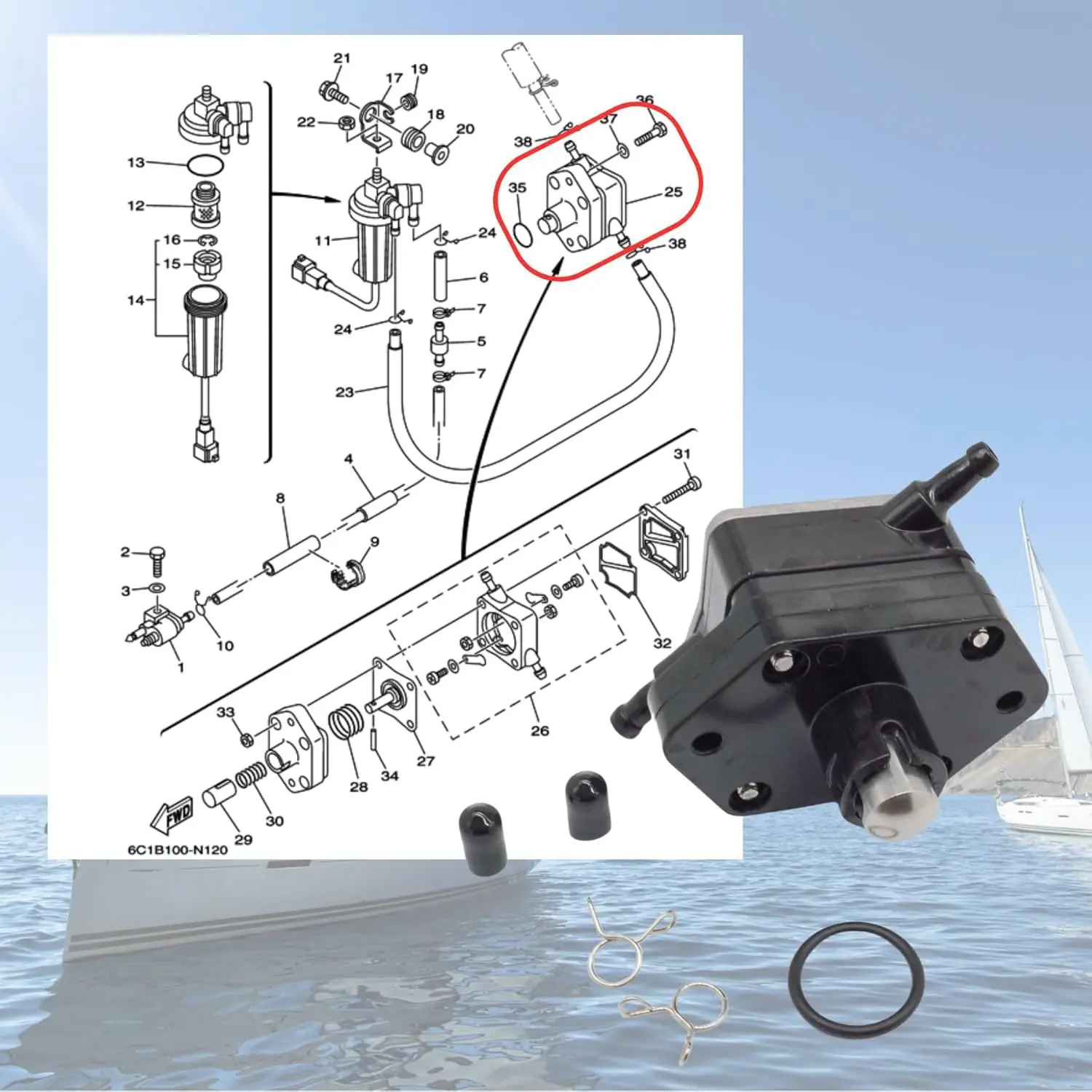 Фото Топливный насос Boat Marine 6C5-24410-00-00 для 4-тактных подвесных лодочных моторов Yamaha 30, 40, 50, 60 л.с., замена 6C5-24410-01-00 №3
