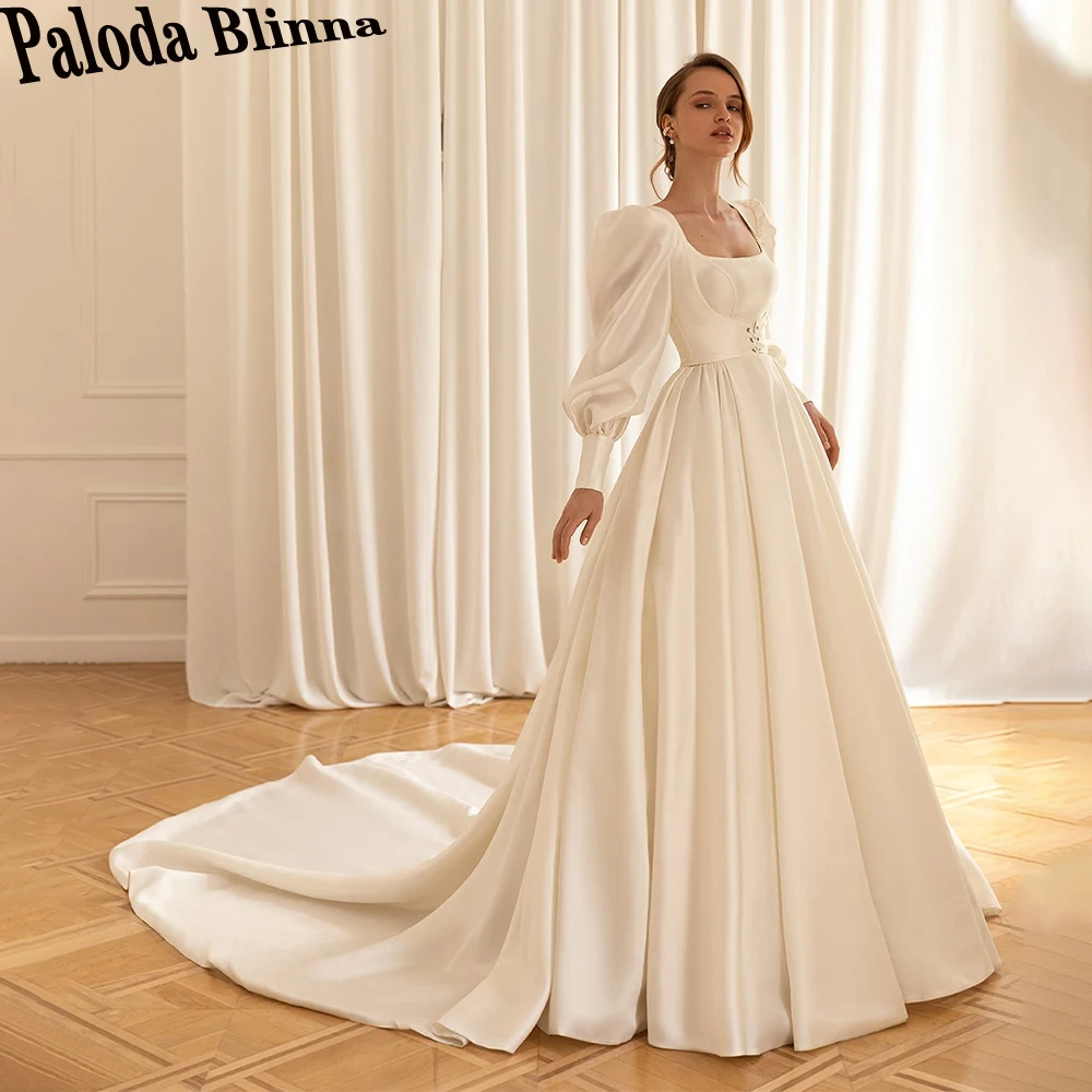 

Simple Satin Square Neck Puff Sleeve Wedding Dresses For Mariages Sweep Train Fancy Vestidos De Novia Personalised Long Sleeves