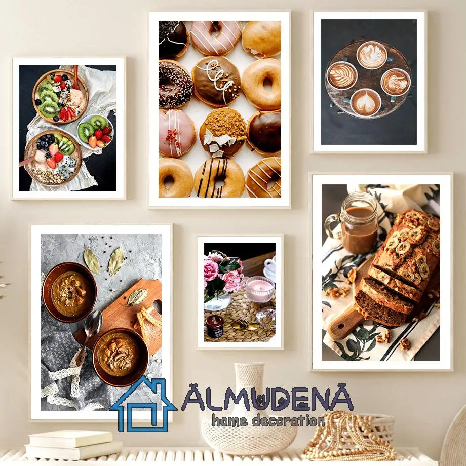 Постер на стену с изображением шоколадного торта кофейных зерен хлеба пончиков
