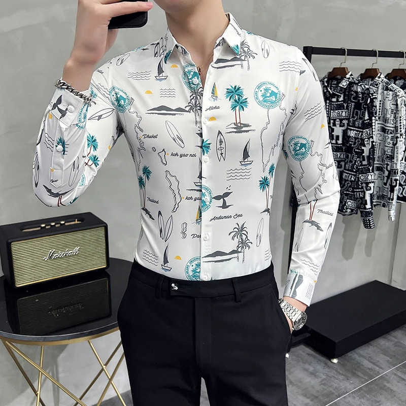 

Men's Slim Fit Long Sleeve Dress Shirt Spring Man Vintage Hawaii Style Print Social Shirts Luxury Fashion Casual Vetement Homme