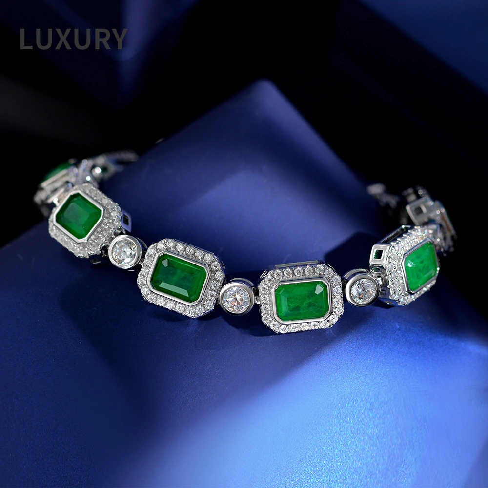 

Luxury 100% S925 Sterling Silver 18K Gold Emerald High Carbon Diamond Bracelet 17CM Jewelry Woman Memorial Gift