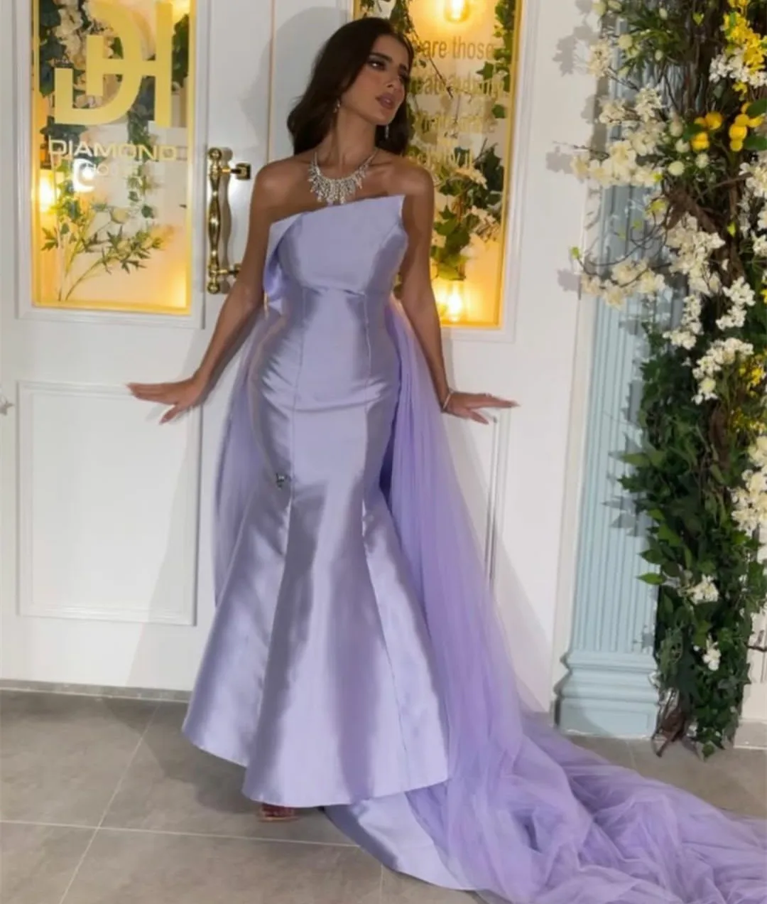 

Classic Long Lilac Satin Beaded Evening Dresses Mermaid Pleated Sweep Train Prom Dress فساتين السهرة for Women
