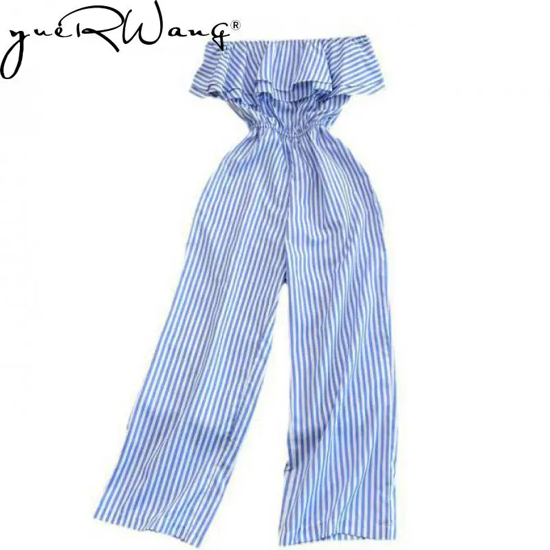 

YUERWANG Women Jumpsuit Striped Ruffles Slash Neck Off Shoulder High Waist Wide Leg Rompers Womens Jumpsuit Spring Summer 2022