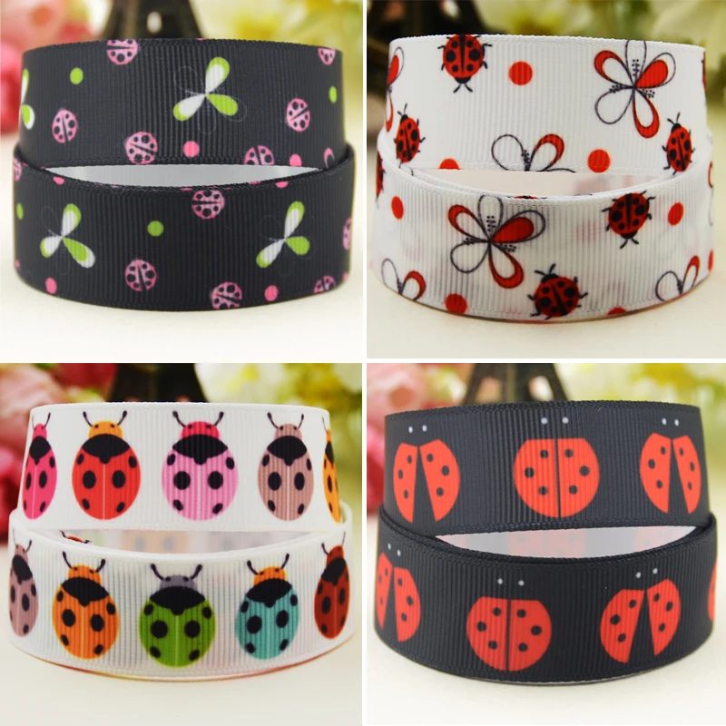 

22mm 25mm 38mm 75mm ladybug cartoon printed Grosgrain Ribbon party decoration 10 Yards satin ribbons