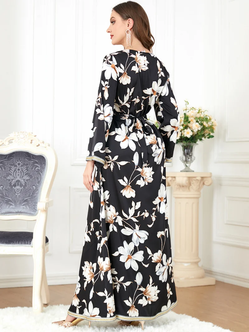 Floral Kaftan Arabic Long Dress Women Printed Muslim Moroccan Party Caftan Gulf Jalabiya Dubai Turkish Abayas Black Dresses