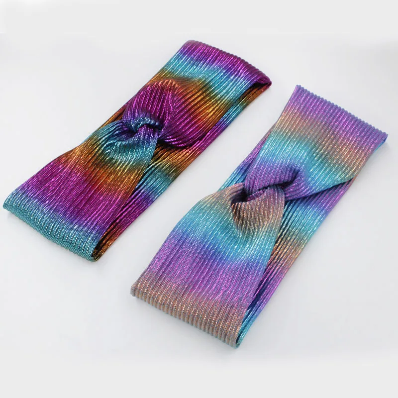 

Fashion Folds Laser Headbands Ladies Stretch Cross Yoga Hairbands Gradient Metallic Turbans for Women Girls Hair Accessories