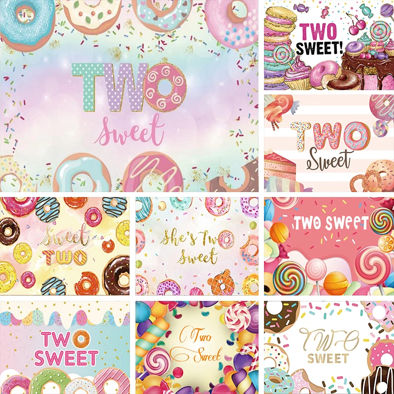 

Two Sweet One Backdrop Candy Donuts 1st 2nd 3rd Birthday Party Photography Background Smash Cake Table Decorations Photo Banner