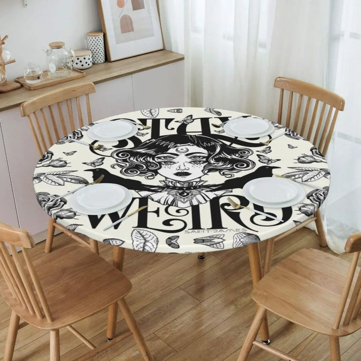 

Round Waterproof Oil-Proof Stay Weird Tablecloth Backing Elastic Edge Table Covers 40"-44" Fit Halloween Witch Table Cloth