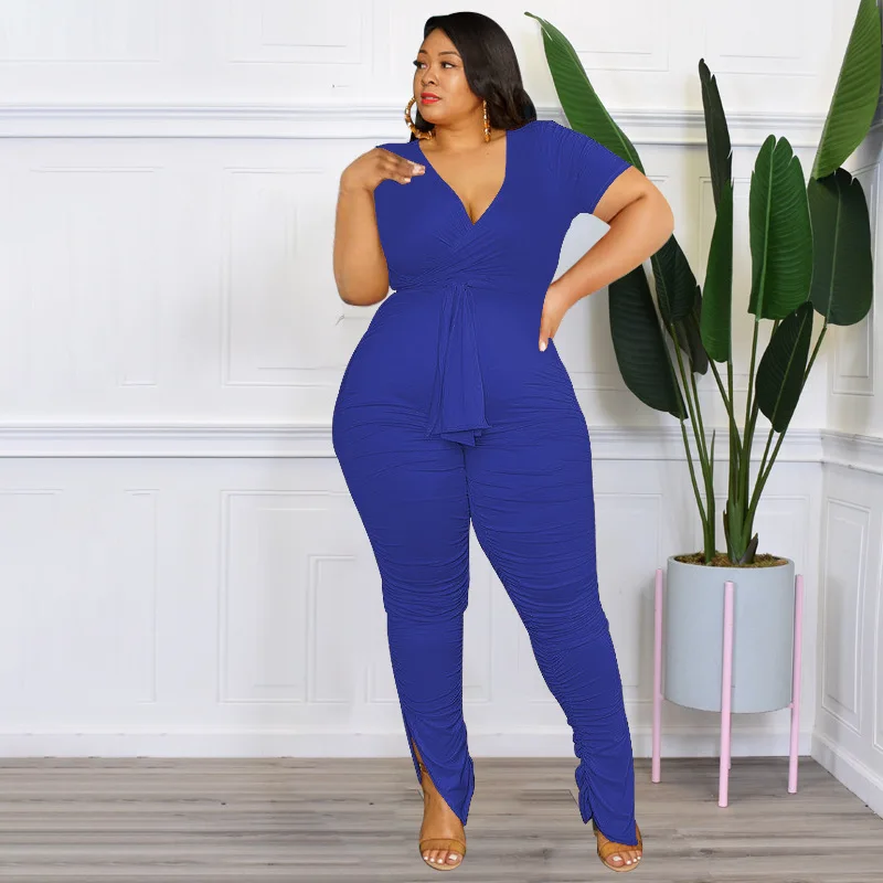 Plus Size Solid Lady Two Piece Set V Neck Short Sleeve Lace Up Top Pencil Pants Elegant Women Suit Streetwear Office Lady Outfit