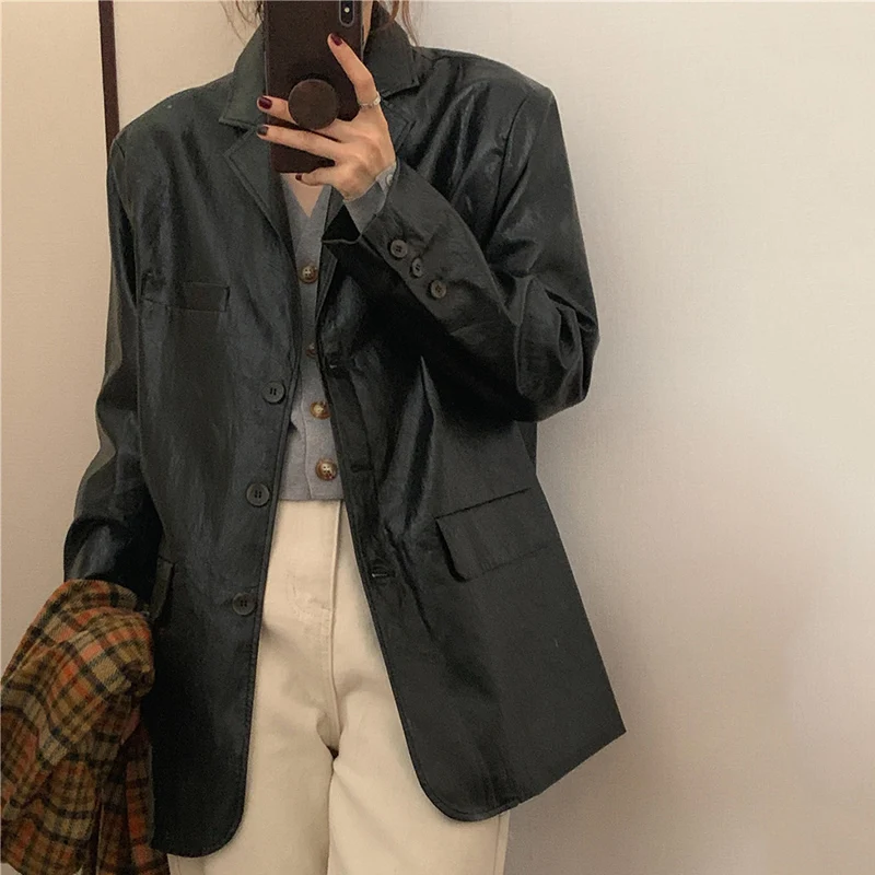 2022 autumn and winter new women's long-sleeved Korean fashion casual loose lapel trend leather suit jacket women