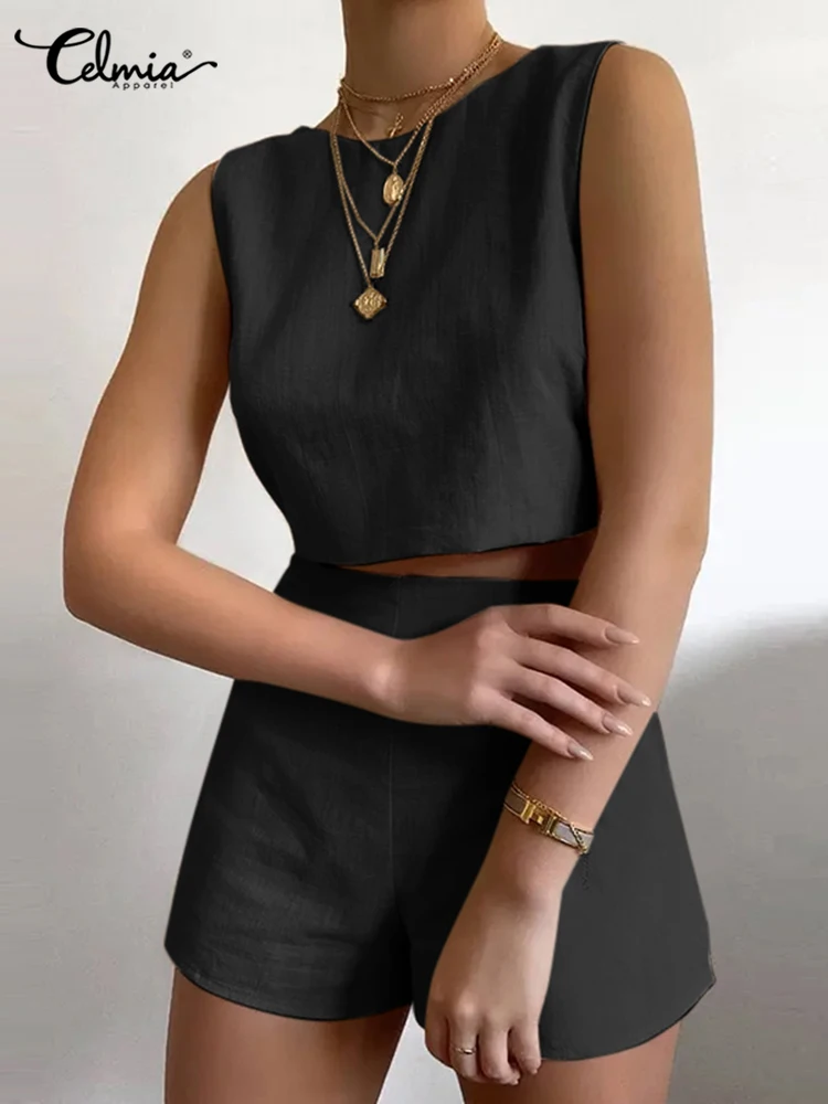 

Celmia Fashion Back Bandage Short Sets Women O Neck Short Tank Tops and High Waist Short Suits Casual 2PCS Solid Matching Sets