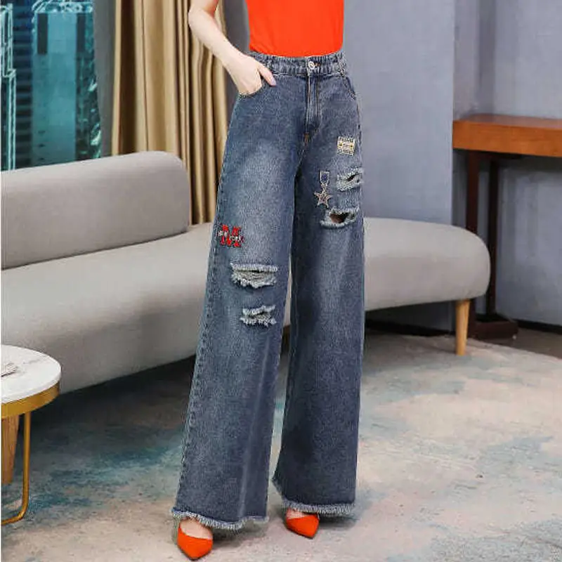 

Women's Jeans Street Casual High Waist Pants Korean Fashion Comfortable Straight Denim Embroidery Cotton Loose Trousers L123