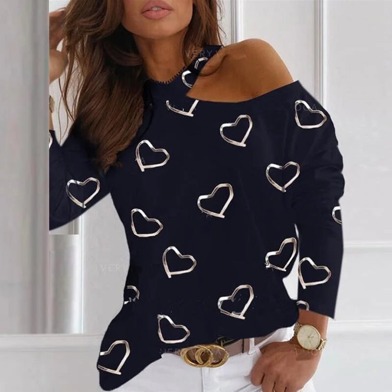 

Casual Elegant Off Shoulder O-Neck Heart Print Spring Autumn Women Long Sleeve Halter T-Shirt Tops Fashion Oversized Streetwear