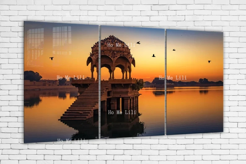 Pavilions And Flying Geese At Sunset 3 Pieces Wall Art Hangings Housewarming Gift Christmas