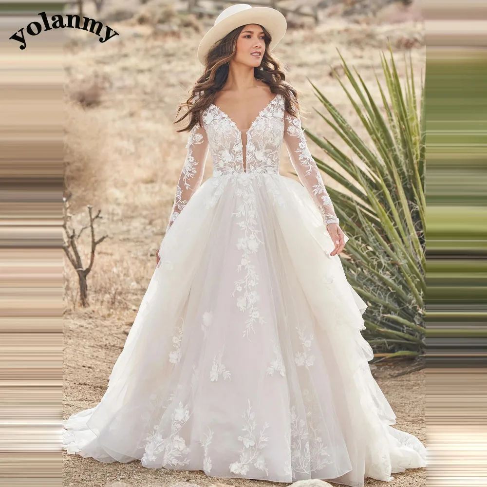 

YOLANMY Romantic Layered Wedding Dresses Long Sleeve Scoop AppliquesFormal Bridal Gown Made To Order Brautkleid For Women