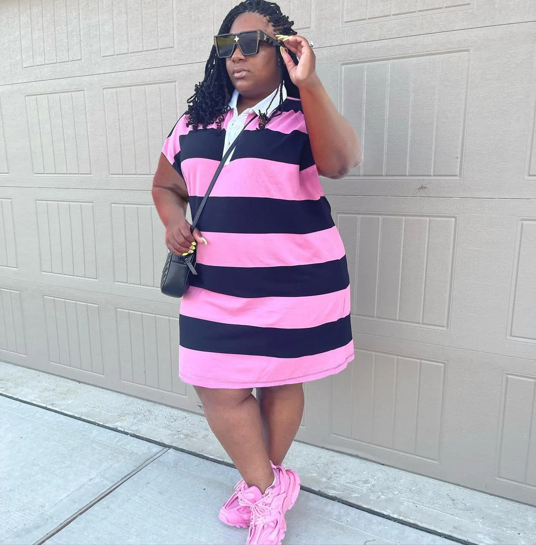 

Plus Size Women Clothing Striped Print Party Dresses 2022 Summer Fashion V Neck Shirt Dresses Elegant Evening Gowns Wholesale