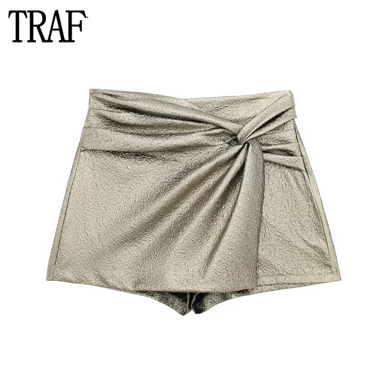 

TRAF 2024 Foil Skorts for Women Knot Pleated Skirt Shorts for Women High Waist Bermuda Shorts Woman Streetwear Women's Shorts