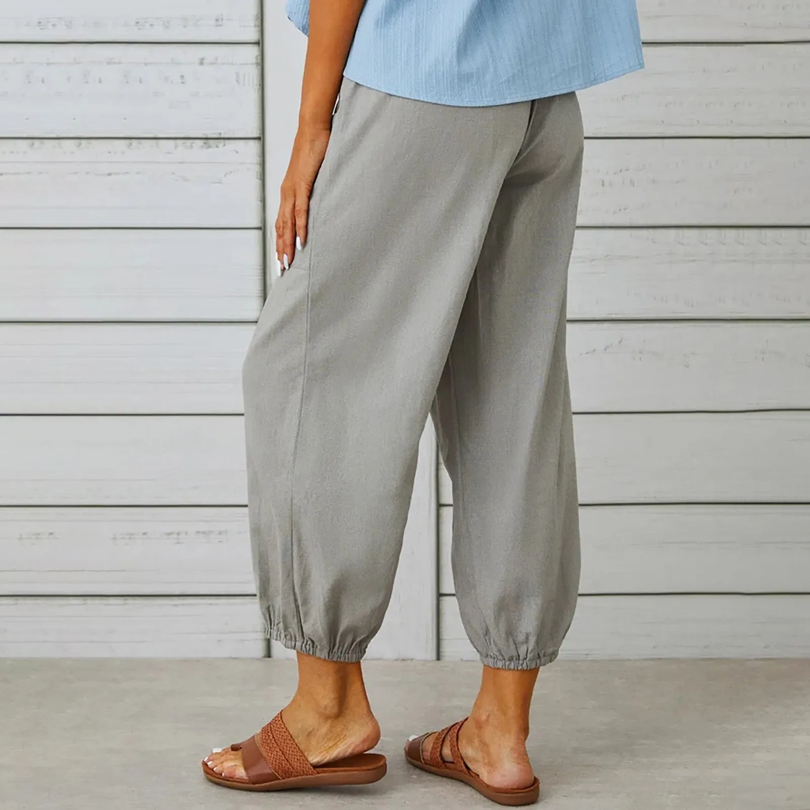 Plus Size Casual Wide Leg Pants Lady Cotton Linen Elastic Waist Pants Loose Summer Loose Grey Harem Pants Female Casual Trousers
