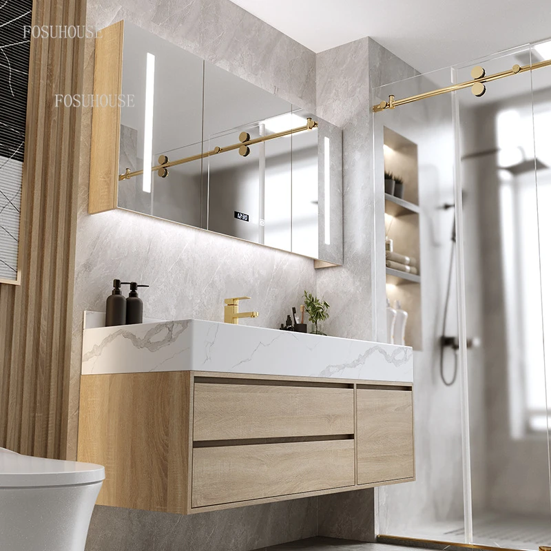 

European Slate Bathroom Cabinets Combination Modern Bathroom Furniture Simple Hand Wash Basin Integrated Storage Mirror Cabinet