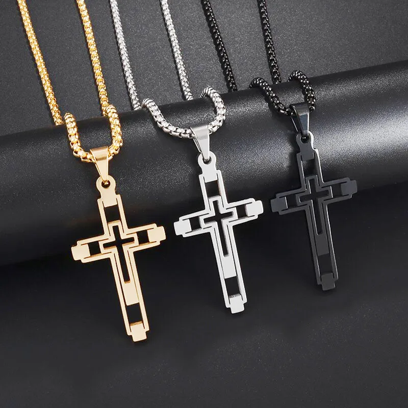 

Stainless Steel Cutout Hollow Heart Double Cross Pendant Men Women Prayer Church Jesus Necklace Fashion Design Amulet Necklace