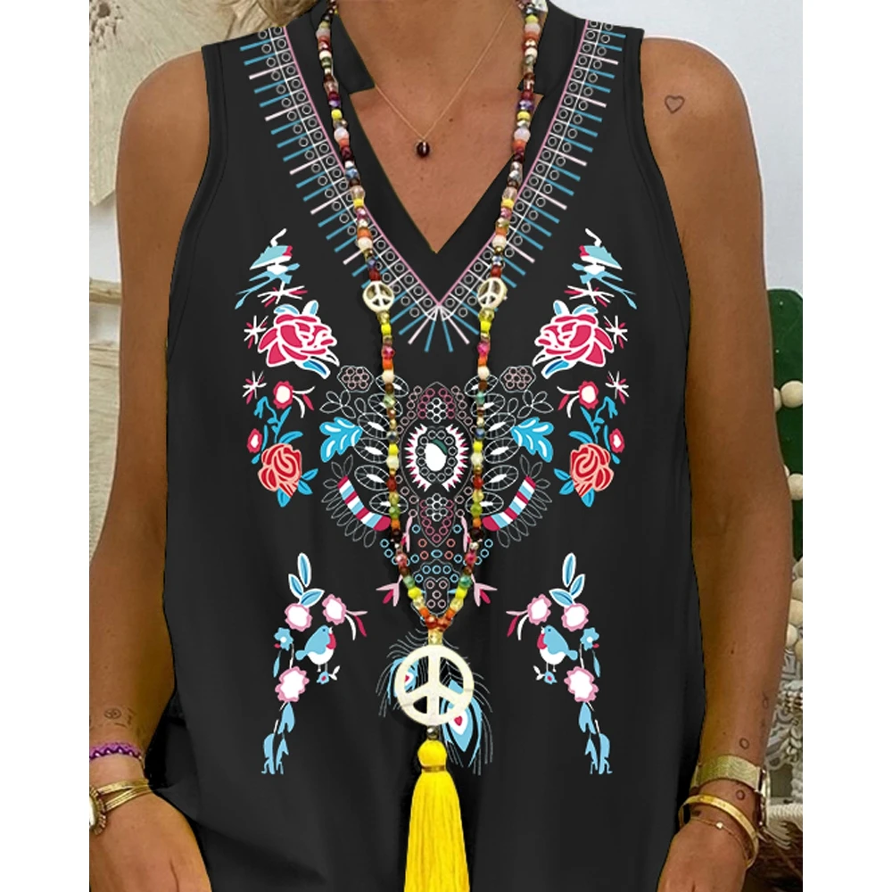 2023 Summer Women y2k Floral Print V Neck Sleeveless Top & Shorts Set Vacation Casual Tribal Two Pieces Set Indie Folk Outfits