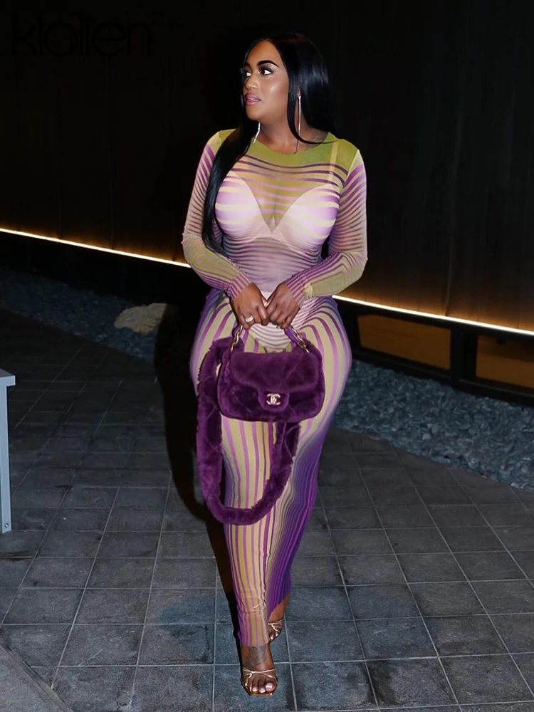 

KLALIEN Sexy Slim See Through Party Evening Long Dresses Women Summer Fashion Striped Print Long Sleeve Prom Birthday Maxi Dress