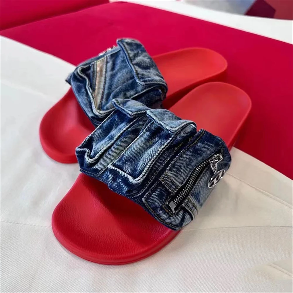 Women's New Shoes Flat Bottom Soft Sole Denim Zipper Decoration Slippers Round Toe Open Toed Beach Party Ladies Large Sandals